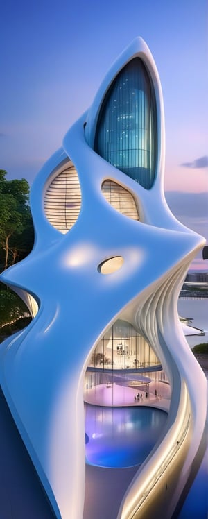 (master piece)(biomorphic building), smooth facade, zaha hadid, glass windows,  '90s warm light,concrete, Natural forest environment,minimalism, house with radiance , front street view,photo-realistic,hyper-realistic, parametric architecture,8k, ultra details,Low-rise building,Manufactured goods,Theatre stadium, Future Tower,ellipsoid,tarmac,Air terminal,seaside,musicality,less 
perforation,Tall and straight,freshness,Wide open space,Distant view,newage,At nightfall,Hale and hearty,

An architectural wonder with a daring configuration and ground-breaking design.This structure could be a museum or a company building.4k image photo like,(detailed),Futuristic,Design,water,The wind,