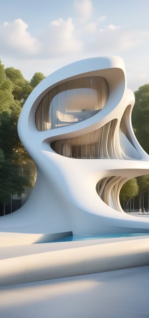 (master piece)(biomorphic building), smooth facade, zaha hadid, glass windows,  '90s warm light,concrete, Natural forest environment,minimalism, house with radiance , front street view,photo-realistic,hyper-realistic, parametric architecture,8k, ultra details,Low-rise building,Manufactured goods,Theatre stadium,Eiffel Tower,ellipsoid,tarmac,Air terminal,seaside,musicality,less 
perforation,Tall and straight,freshness,Wide open space,Distant view,

An architectural wonder with a daring configuration and ground-breaking design.This structure could be a museum or a company building.4k image photo like,(detailed),Futuristic,Design,water,The wind,