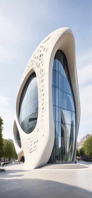 (master piece)(biomorphic building), smooth facade, zaha hadid, glass windows,  concrete, minimalism,London house with tesselated facade, front street view,photo-realistic,hyper-realistic, parametric architecture,8k, ultra details,Low-rise building,Manufactured goods,Theatre stadium,Eiffel Tower,ellipsoid,tarmac,Air terminal,seaside,musicality,less 
perforation,Tall and straight,freshness,Wide open space,

An architectural wonder with a daring configuration and ground-breaking design.This structure could be a museum or a company building.4k image photo like,(detailed),Futuristic,Design,water,The wind,