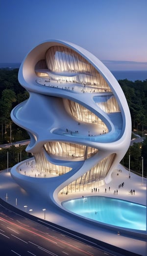 (master piece)(biomorphic building), smooth facade, zaha hadid, glass windows,  '90s warm light,concrete, Natural forest environment,minimalism, house with radiance , front street view,photo-realistic,hyper-realistic, parametric architecture,8k, ultra details,Low-rise building,Manufactured goods,Theatre stadium, Future Tower,ellipsoid,tarmac,Air terminal,seaside,musicality,less 
perforation,Tall and straight,freshness,Wide open space,Distant view,newage,At nightfall,

An architectural wonder with a daring configuration and ground-breaking design.This structure could be a museum or a company building.4k image photo like,(detailed),Futuristic,Design,water,The wind,