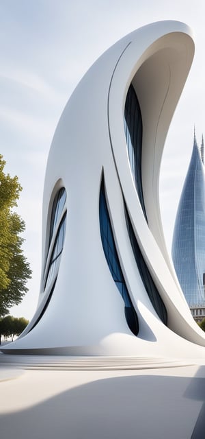 (master piece)(biomorphic building), smooth facade, zaha hadid, glass windows,  concrete, minimalism,London house with tesselated facade, front street view,photo-realistic,hyper-realistic, parametric architecture,8k, ultra details,Low-rise building,Manufactured goods,Theatre stadium,Eiffel Tower,ellipsoid,tarmac,Air terminal,seaside,musicality,less 
perforation,Tall and straight,freshness

An architectural wonder with a daring configuration and ground-breaking design.This structure could be a museum or a company building.4k image photo like,(detailed),Futuristic,Design,water,The wind,