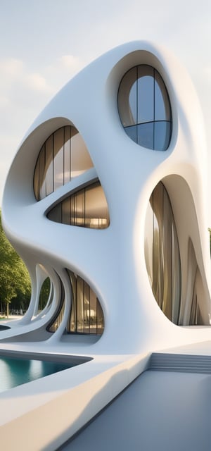 (master piece)(biomorphic building), smooth facade, zaha hadid, glass windows,  '90s warm light,concrete, Natural forest environment,minimalism, house with radiance , front street view,photo-realistic,hyper-realistic, parametric architecture,8k, ultra details,Low-rise building,Manufactured goods,Theatre stadium,Eiffel Tower,ellipsoid,tarmac,Air terminal,seaside,musicality,less 
perforation,Tall and straight,freshness,Wide open space,Distant view,

An architectural wonder with a daring configuration and ground-breaking design.This structure could be a museum or a company building.4k image photo like,(detailed),Futuristic,Design,water,The wind,