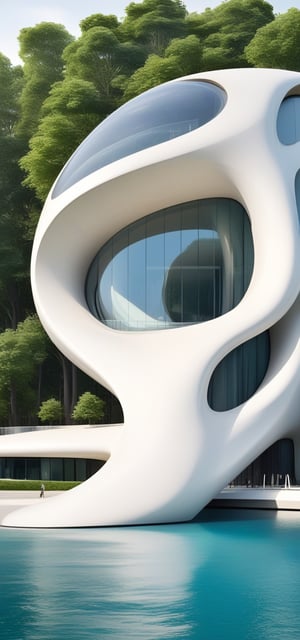 (master piece)(biomorphic building), smooth facade, zaha hadid, glass windows,  concrete, Natural forest environment,minimalism, house with radiance , front street view,photo-realistic,hyper-realistic, parametric architecture,8k, ultra details,Low-rise building,Manufactured goods,Theatre stadium,Eiffel Tower,ellipsoid,tarmac,Air terminal,seaside,musicality,less 
perforation,Tall and straight,freshness,Wide open space,Distant view,

An architectural wonder with a daring configuration and ground-breaking design.This structure could be a museum or a company building.4k image photo like,(detailed),Futuristic,Design,water,The wind,