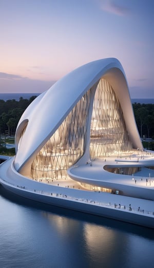 (master piece)(biomorphic building), smooth facade, zaha hadid, glass windows,  '90s warm light,concrete, Natural forest environment,minimalism, house with radiance , front street view,photo-realistic,hyper-realistic, parametric architecture,8k, ultra details,Low-rise building,Manufactured goods,Theatre stadium, Future Tower,ellipsoid,tarmac,Air terminal,seaside,musicality,less 
perforation,Tall and straight,freshness,Wide open space,Distant view,newage,At nightfall,

An architectural wonder with a daring configuration and ground-breaking design.This structure could be a museum or a company building.4k image photo like,(detailed),Futuristic,Design,water,The wind,