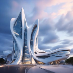 (master piece)(biomorphic building), smooth facade, zaha hadid, glass windows,  '90s warm light,concrete, Natural forest environment,minimalism, house with radiance , front street view,photo-realistic,hyper-realistic, parametric architecture,8k, ultra details,Low-rise building,Manufactured goods,Theatre stadium, Future Tower,ellipsoid,tarmac,Air terminal,seaside,musicality,less 
perforation,Tall and straight,freshness,Wide open space,Distant view,newage,At nightfall,Hale and hearty,Hard line,,
Nordic style,
An architectural wonder with a daring configuration and ground-breaking design.This structure could be a museum or a company building.4k image photo like,(detailed),Futuristic,Design,water,The wind,