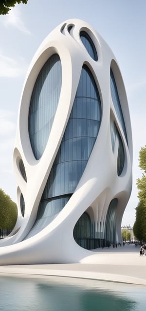 (master piece)(biomorphic building), smooth facade, zaha hadid, glass windows,  concrete, minimalism,London house with tesselated facade, front street view,photo-realistic,hyper-realistic, parametric architecture,8k, ultra details,Low-rise building,Manufactured goods,Theatre stadium,Eiffel Tower,ellipsoid,tarmac,Air terminal,seaside,musicality,less 
perforation,Tall and straight,freshness

An architectural wonder with a daring configuration and ground-breaking design.This structure could be a museum or a company building.4k image photo like,(detailed),Futuristic,Design,water,The wind,