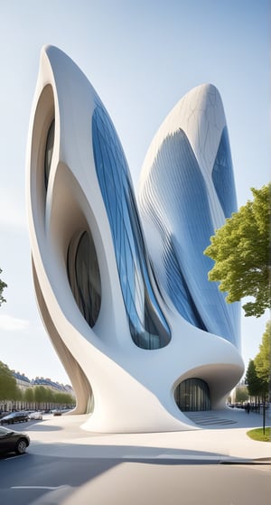 (master piece)(biomorphic building), smooth facade, zaha hadid, glass windows,  concrete, minimalism,London house with tesselated facade, front street view,photo-realistic,hyper-realistic, parametric architecture,8k, ultra details,Low-rise building,Manufactured goods,Theatre stadium,Eiffel Tower,ellipsoid,tarmac,Air terminal,seaside,musicality,less 
perforation,Tall and straight,

An architectural wonder with a daring configuration and ground-breaking design.This structure could be a museum or a company building.4k image photo like,(detailed),Futuristic,Design,water,The wind,