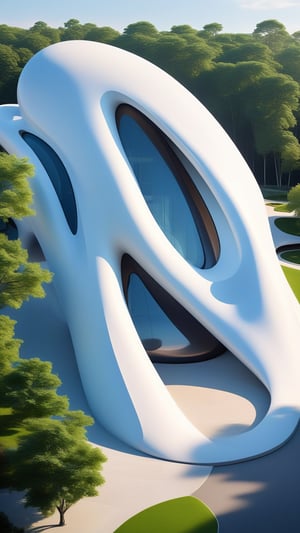 (master piece)(biomorphic building), smooth facade, zaha hadid, glass windows,  '90s warm light,concrete, Natural forest environment,minimalism, house with radiance , front street view,photo-realistic,hyper-realistic, parametric architecture,8k, ultra details,Low-rise building,Manufactured goods,Theatre stadium, Tower,ellipsoid,tarmac,Air terminal,seaside,musicality,less 
perforation,Tall and straight,freshness,Wide open space,Distant view,newage,

An architectural wonder with a daring configuration and ground-breaking design.This structure could be a museum or a company building.4k image photo like,(detailed),Futuristic,Design,water,The wind,