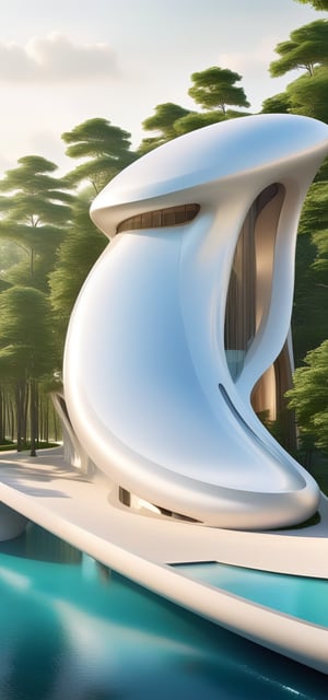 (master piece)(biomorphic building), smooth facade, zaha hadid, glass windows,  '90s warm light,concrete, Natural forest environment,minimalism, house with radiance , front street view,photo-realistic,hyper-realistic, parametric architecture,8k, ultra details,Low-rise building,Manufactured goods,Theatre stadium, Future Tower,ellipsoid,tarmac,Air terminal,seaside,musicality,less 
perforation,Tall and straight,freshness,Wide open space,Distant view,newage,

An architectural wonder with a daring configuration and ground-breaking design.This structure could be a museum or a company building.4k image photo like,(detailed),Futuristic,Design,water,The wind,