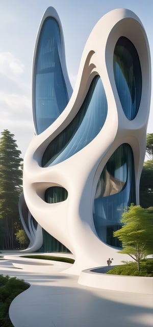 (master piece)(biomorphic building), smooth facade, zaha hadid, glass windows,  '90s warm light,concrete, Natural forest environment,minimalism, house with radiance , front street view,photo-realistic,hyper-realistic, parametric architecture,8k, ultra details,Low-rise building,Manufactured goods,Theatre stadium, Future Tower,ellipsoid,tarmac,Air terminal,seaside,musicality,less 
perforation,Tall and straight,freshness,Wide open space,Distant view,newage,

An architectural wonder with a daring configuration and ground-breaking design.This structure could be a museum or a company building.4k image photo like,(detailed),Futuristic,Design,water,The wind,