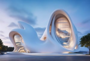 (master piece)(biomorphic building), smooth facade, zaha hadid, glass windows,  '90s warm light,concrete, Natural forest environment,minimalism, house with radiance , front street view,photo-realistic,hyper-realistic, parametric architecture,8k, ultra details,Low-rise building,Manufactured goods,Theatre stadium, Future Tower,ellipsoid,tarmac,Air terminal,seaside,musicality,less 
perforation,Tall and straight,freshness,Wide open space,Distant view,newage,At nightfall,Hale and hearty,Hard line,,
Nordic style,dream style,
An architectural wonder with a daring configuration and ground-breaking design.This structure could be a museum or a company building.4k image photo like,(detailed),Futuristic,Design,water,The wind,