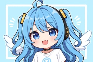 (chibi style), {{{masterpiece}}}, {{{best quality}}}, {{ultra-detailed}}, 1girl, angel, blue hair, long curly hair, (two side up), blue eyes,  (curly hair:1.2), (wavy hair), (hair curls), (bangs), (two side up), two blue hair ties on head, choker, angel wings, ahoge, fang, (white T-shirt), (gaming), (headphone), gaming in her cozy room, complimenting pastel colours to blue,  upper body,chibi emote style,chibi,emote, cute,Emote Chibi,anime, pastel background, minimal