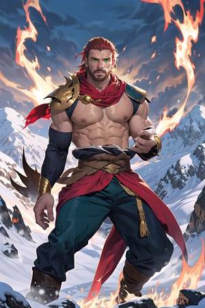 Rand Al'Thor, majestic warrior-king, stands regally atop a rugged mountain peak, winds howling and snow swirling around him in a dramatic framing shot. Golden thorns adorn his short (red hair), while his chiseled face, covered in reddish beard, gazes intensely at the viewer with green eyes holding secrets. A gold and red tunic accentuates bulging muscles, paired with tight-fitting black and silver pants on strong legs. His right arm rises above his head, grasping a silver sword with  flames dancing upon it. In his left hand, he holds a small ball of fire.