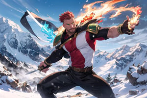 Rand Al'Thor, majestic warrior-king, stands regally atop a rugged mountain peak, winds howling and snow swirling around him in a dramatic framing shot. Golden thorns adorn his short (red hair), while his chiseled face, covered in reddish beard, gazes intensely at the viewer with green eyes holding secrets. A gold and red tunic accentuates bulging muscles, paired with tight-fitting black and silver pants on strong legs. His right arm rises above his head, grasping a silver sword with  flames dancing upon it. In his left hand, he holds a small ball of fire.