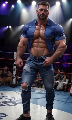 best quality, 8k, 1man, (front Photo), shiny skin, facial hair, standing in a wrestling rink, looking at camera, making eye contact, sweaty and menacing, wearing ((blue jeans)), slightly pulled down, unbuttoned, but nonshirt, visible chest tattoos, masterpiece, highly detailed face and skin, realistic, mature, male focus, light particles, rim light, Use light to shine through clothes to reveal muscle contours, full body,