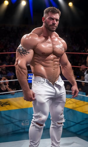 best quality, 8k, 1man, (front Photo), shiny skin, facial hair, standing in a wrestling rink, looking at camera, making eye contact, sweaty and menacing, wearing ((white jeans)), slightly pulled down, but nonshirt, visible chest tattoos, masterpiece, highly detailed face and skin, realistic, mature, male focus, light particles, rim light, Use light to shine through clothes to reveal muscle contours, full body,