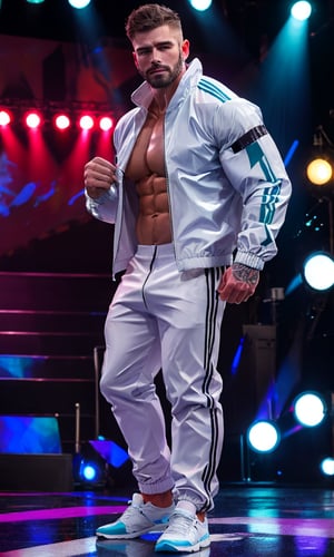 best quality, 8k, 1man, (front Photo), shiny skin, facial hair, standing on stage, wearing thought white pants and a white high-fashion windbreaker, visible chest tattoos, masterpiece, highly detailed face and skin, realistic, mature, male focus, light particles, rim light, Use light to shine through clothes to reveal muscle contours, full body,