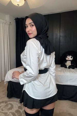 (Top quality, 32k, high contrast, UHD:1.2), lifelike rendering, Photo of Woman wearing beautiful BLACK HIJAB, standing with beautiful curves body, camera from behind, show perfect little ass, body wearing WHITE FORMAL LACE SHIRT, small flat breast, lower of the body wearing long black skirt, hes skirt covering the legs, Black Stocking,  1girl, stunning, double eyelids, shiny eyes highly detailed, glossy plump lips, light lipstick, daily makeup, detailed facial features, wide hips, balanced female body, soft curves, (pale skin: 1.3), genuine skin texture detail, ((BLACK HIJAB 2.5)), (at the bedroom, dark theme: 1.4), sexy face, sexy eyes, ((BLACK LONG SKIRT 2.5)), wide smile, photon mapping, detailed fabric rendering, bella, photorealistic, ray tracing, 8k, Masterpiece