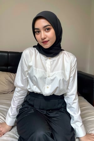 (Top quality, 32k, high contrast, UHD:1.2), lifelike rendering, Photo of Woman wearing beautiful Black Hijab, body with long sleeve formal white shirt, lower part of the body wearing Long  Black skirt, hes skirt covering the legs. 1girl, stunning, double eyelids, shiny eyes highly detailed, glossy plump lips, light lipstick, hand closed mouth, daily makeup, detailed facial features, wide hips, long legs, balanced female body, soft curves, (pale skin: 1.3), genuine skin texture detail, (Black Hijab 1.5), (at the bedroom, dark theme: 1.4), sexy face, sexy eyes, (Black Long Skirt 1.5), smile, photon mapping, (beautiful legs), detailed fabric rendering, bella, photorealistic, ray tracing, 8k, Masterpiece.