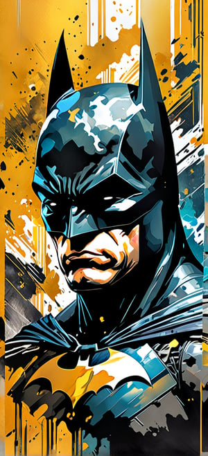 Batman, urban Comics, black and gold flag ornaments, Marvel, sci fi, highly technology, iconographic, glitch background, , watercolor, ink, mist, interactive image, highly detailed, art style by Clayton Crain + Ross Tran + Rachel Walpole + Jeszika Le Vye + Dan Volbert + Simon Stalenhag + Brian Stelfreeze