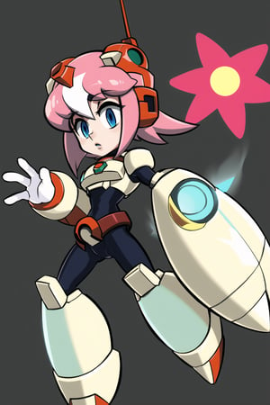 nana(megamanx),pink hair, blue eyes, short hair, bangs,android, armor, robot ears, gloves,bodysuit, white gloves, headgear,headset, belt