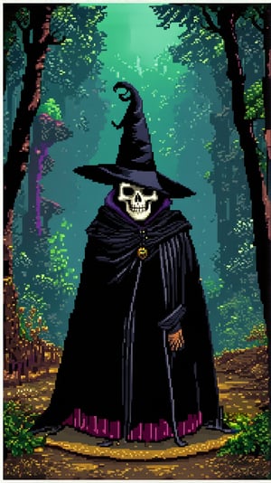 Pixel art macro shot, cinematic photo, eldritch horror skeleton wizard in a dark forest wearing a black curled wizard hat and a black cape and a cloak with burgundy and gold accents, colorful, dark shot, ethereal, film grain