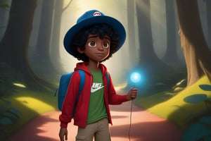 Create a pixar 3d
 animation image  the character is a boy with black curly hair    blue eyes dark skin tone wearing a hat red t shirt  khaki pants and red nike . he is in a  magical place discovering a glowing path. Ensure the  illustration has a warm and  inviting atmosphere, cute cartoon,cute cartoon 