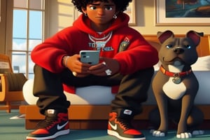 Create a pixar 2d animation image  the character is a boy with black curly hair    blue eyes dark skin tone wearing a hat red t shirt  khaki pants and red nike . he is in a  magical place discovering a glowing path. Ensure the  illustration has a warm and  inviting atmosphere, cute cartoon,cute cartoon 