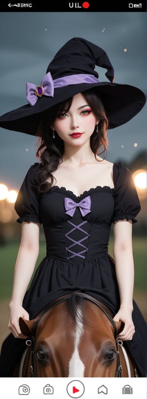 a young woman,looking at the camera, posing,ulzzang, streaming on twitch, character album cover,red moment,style of bokeh, witch dress, ,moody lighting,appropriate comparison of cold and warm, hair over one eye, bow on head, reality,idol,Beauty,beauty,Holding a Recurve Bow, riding a horse