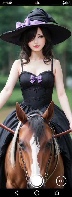 a young woman,looking at the camera, posing,ulzzang, streaming on twitch, character album cover,red moment,style of bokeh, witch dress, ,moody lighting,appropriate comparison of cold and warm, hair over one eye, bow on head, reality,idol,Beauty,beauty,Holding a Recurve Bow, riding a horse