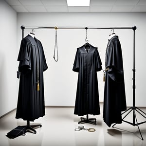 A judge's robe hanging on a mannequin and handcuffs on the ground in a neutral environment