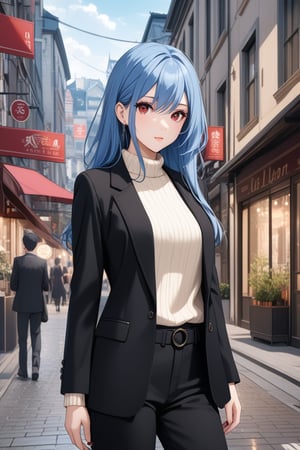 (masterpiece:1.3),best quality,official art,(beautiful and aesthetic:1.3),1girl,solo, Blue denim hair color , medium long hair , elegant pose , beauty , cute , standing , red wine eyes , black long blazer , cream sweater , long black pants , in the europan street city 