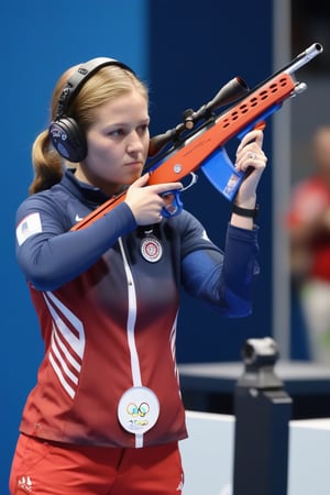 Masterpiece, 1 female pistol air rifle athlete, from american, (air rifle),   competition at olympic paris 2024, Olympic spirit. 