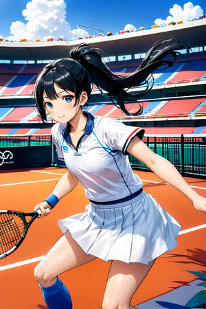 Masterpiece, 1 girl, solo, skirt, black hair, ponytail, jewelry, girl focus, necklace, white skirt, sportswear, tennis uniform, holding racket, tennis racket, dynamic pose, photo with racket, Dennis court, Olympic venue,1girl,Anime style,kawaii,vspop