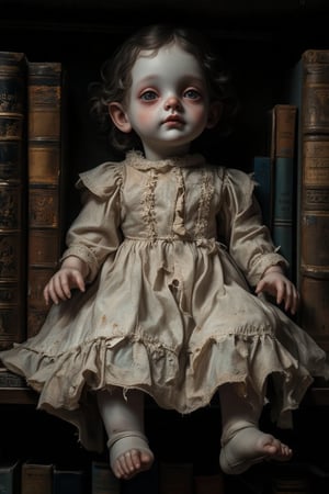 "The Doll That Blinks"
A delicate, childlike doll sits on a dusty bookshelf, wearing a torn, Victorian-era dress. While its expression is emotionless, it blinks irregularly—sometimes both eyes, sometimes just one, as if testing its ability to mimic real human behavior. The eyes never align perfectly, giving it a disjointed, unsettling gaze.