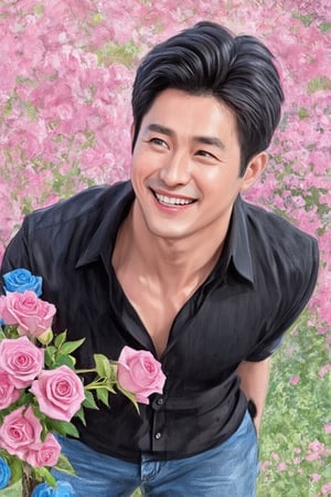 whimsical, colored pencil, Score_9, score_8_up, score_7_up, Highly detailed, masterpiece, high quality, beautiful, high resolution, good details, 1man, solo, male focus, black eyes, black hair, outdoor, black dress shirt, jeans, blue roses, smile, looking up, from above, holding a bouquet of pink roses, smile, blush, happy, looking at viewer, mature man, 39 years old, muscular, fair skin, sharp features, 190cm tall, muscular build, CEO of a large company, SeKwang Group, very calculating and cynical personality, stern expression, intense gaze.