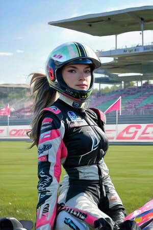 A confident female race driver gazing directly over her shoulder at the viewer, her eyes radiating determination and focus. She wears a sleek helmet and racing suit, her long hair tied back in a ponytail. The sun casts a warm glow on the lush green of the race track, with grandstands and flags blurred in the background. Her pose exudes authority, as if daring anyone to challenge her speed.Claude Monet,pastel brushstrokes,Coquette aesthetic