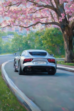 A serene cityscape during peak cherry blossom season: a winding road stretches out from beneath the vibrant pink blooms of a majestic tree, while a sleek, silver car glides effortlessly along the asphalt, its reflection mirrored in the shiny black surface of a nearby building. The scenery is framed by lush greenery and a subtle mist, with the ground vehicle's wheels barely visible as it disappears around the bend.,Claude Monet,pastel brushstrokes,Coquette aesthetic