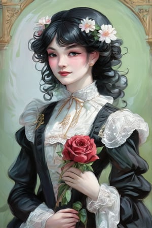 digital art that captures a stylized female character. The character is the central figure, depicted with a serene expression and a soft gaze directed towards the viewer. Her hair is dark and curly, adorned with white flowers, which add a touch of innocence to her appearance. The rose she holds is a rich red, suggesting themes of love or passion. Her attire includes a white lace collar, which adds a vintage or feminine touch to her outfit. The background is minimalistic, in shades of green, allowing the focus to remain on the character.Claude Monet,pastel brushstrokes,Coquette aesthetic