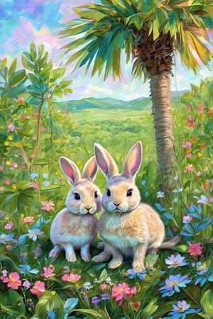 Two rabbits sit amidst a vibrant tapestry of flowers and foliage in an impressionistic garden setting, where the majestic palm tree's slender trunk rises towards a warm sky. Brushstrokes dance across the canvas, capturing the lushness of the plants as the rabbits interact with their surroundings. Focal points are the gentle creatures, their soft features blending harmoniously within the tropical haven...Claude Monet,pastel brushstrokes,Coquette aesthetic