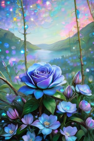 crystal spring blossom, fantasy, galaxy, transparent, shimmering, sparkling, splendid, colorful, magical photography, dramatic lighting, photo realism, ultra-detailed, 4k, Depth of field, High-resolution, blue Rose.Claude Monet,pastel brushstrokes,Coquette aesthetic