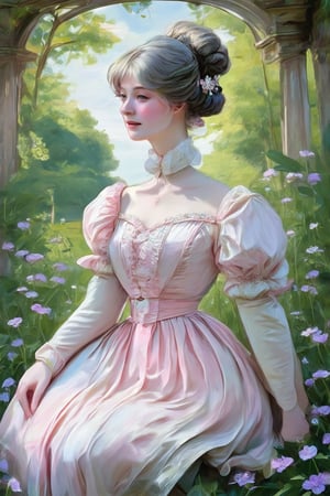 A tranquil outdoor scene unfolds: a young woman, seated serenely, dominates the frame. Pastel pink dress, featuring a sweetheart neckline and delicate strap, contrasts vividly with lush greenery and vibrant purple flowers behind her. Her hair, styled in an elegant bun, is adorned with decorative elements. Soft light bathes her face, capturing a moment of contemplation as she gazes thoughtfully into the distance.Claude Monet,pastel brushstrokes,Coquette aesthetic