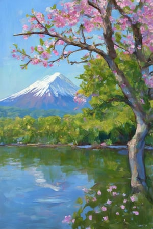 a cherry blossom tree, which is prominently featured in the foreground with its pink flowers. This tree stands near a body of water that reflects its image and the surrounding landscape. The background features a mountain range with snow-capped peaks, suggesting a springtime setting. The sky is clear and blue, indicating fair weather. The overall scene is serene and picturesque, evoking a sense of tranquility and natural beauty.,Claude Monet,pastel brushstrokes,Coquette aesthetic