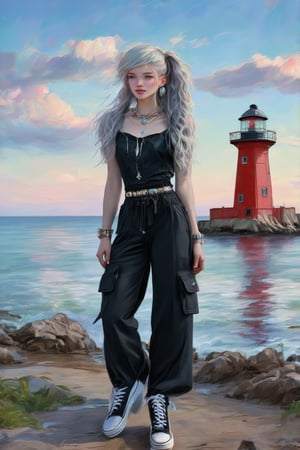 French girl,grey blonde hair(very long hair, curly_hair),long ponytail,hiphop dancer,wearing all black clothes (loose fit top and wide cargo pants),sneakers,accessories(necklace,ear_rings), standing in the sea,horizon,seaside,vivid sea color,red lighthouse,sunset,Best Quality, 32k, photorealistic, ultra-detailed, finely detailed, high resolution, perfect dynamic composition, beautiful detailed eyes, sharp-focus, cowboy_shot,,Claude Monet,pastel brushstrokes,Coquette aesthetic