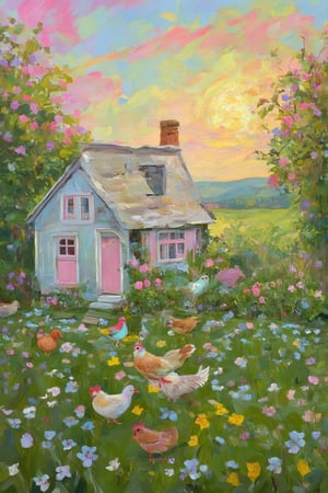 A whimsical garden scene unfolds at sunrise or sunset, with Claude Monet's pastel brushstrokes bringing forth the Coquette aesthetic. A quaint cottage with a white roof, pink door and window frames stands amidst lush, colorful blooms. Birds and chickens roam freely, suggesting harmony with nature. The warm-toned sky, painted in pink and yellow hues, casts a serene ambiance over the tranquil setting.