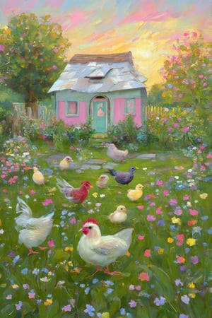 A whimsical garden scene unfolds at sunrise or sunset, with Claude Monet's pastel brushstrokes bringing forth the Coquette aesthetic. A quaint cottage with a white roof, pink door and window frames stands amidst lush, colorful blooms. Birds and chickens roam freely, suggesting harmony with nature. The warm-toned sky, painted in pink and yellow hues, casts a serene ambiance over the tranquil setting.