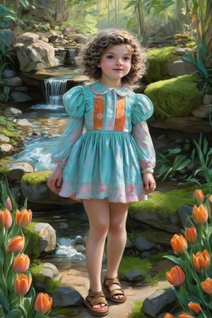 a young girl standing in a natural setting that appears to be a garden. She is positioned in the center of the frame, with her body facing towards the camera and her head turned slightly to her left, giving a sense of engagement with the viewer. The girl has curly hair and is wearing a blue dress adorned with an orange pattern, which complements the vibrant orange tulips surrounding her. Her footwear consists of sandals, suggesting a casual, leisurely atmosphere. The background features a small waterfall, lush green moss, and rocks, contributing to the serene and picturesque quality of the scene. The overall impression is one of a peaceful, idyllic moment captured in a garden setting..,pastel brushstrokes,Coquette aesthetic