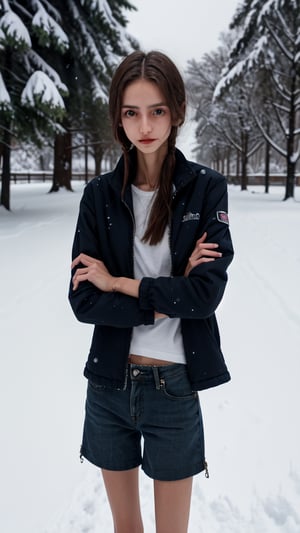 A very skinny brasilian teenager girl, from brasilia, anorexic figure, shivering, crossed arms, 18 years old, trapped in a cold snowy tundra, Shirt Jacket And shorts, lifting her Shirt, barefoot, laying in the snow, her body is covered in snow, bibbering with crossed arms, snowing, snow on her body, very cold, freezing, shivering, shattering her teeth, bibbering with crossed arms, shiver lines around her body, twilight, intimacy, soft lighting, masterpiece, best quality, high quality, highres, absurdres, very detailed, high resolution, sharp, sharp image, 8k, vivid, colorful, stunning, aesthetic, skinny, 21 years old, grown up woman, crossed arms, bibbering with crossed arms, shiver lines