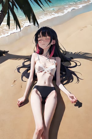 a very skinny girl, extreme skinny, 21 years old, clearly of legal age, lace and sexy underwear, outside, on a tropical island, at the beach, lying in the sand, malnourished, starving, fainting from hunger, rubbing her empty growling stomach, squinting, getting unconscious, exhausted, tired, about to faint, twilight, intimacy, soft lighting, masterpiece, best quality, high quality, highres, absurdres, very detailed, high resolution, sharp, sharp image, 8k, vivid, colorful, stunning, anime, aesthetic, skinny