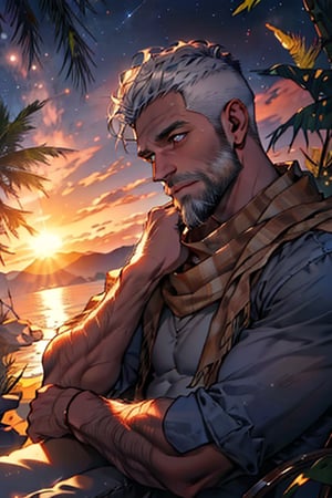 (medium shot:1.4),(above shot:1.3),(upper body:1.5),at dusk with starlight and sunset, (a rugged and strong 40-year-old american man with beard and ((lying down:1) on the lounge chair),he have silver-white color fade haircut, sharp and charming gold eyes. wrapped brown scarf and wearing a blue shirt bare chest. raise his two hands on the head back, (red shy cheeks:1).